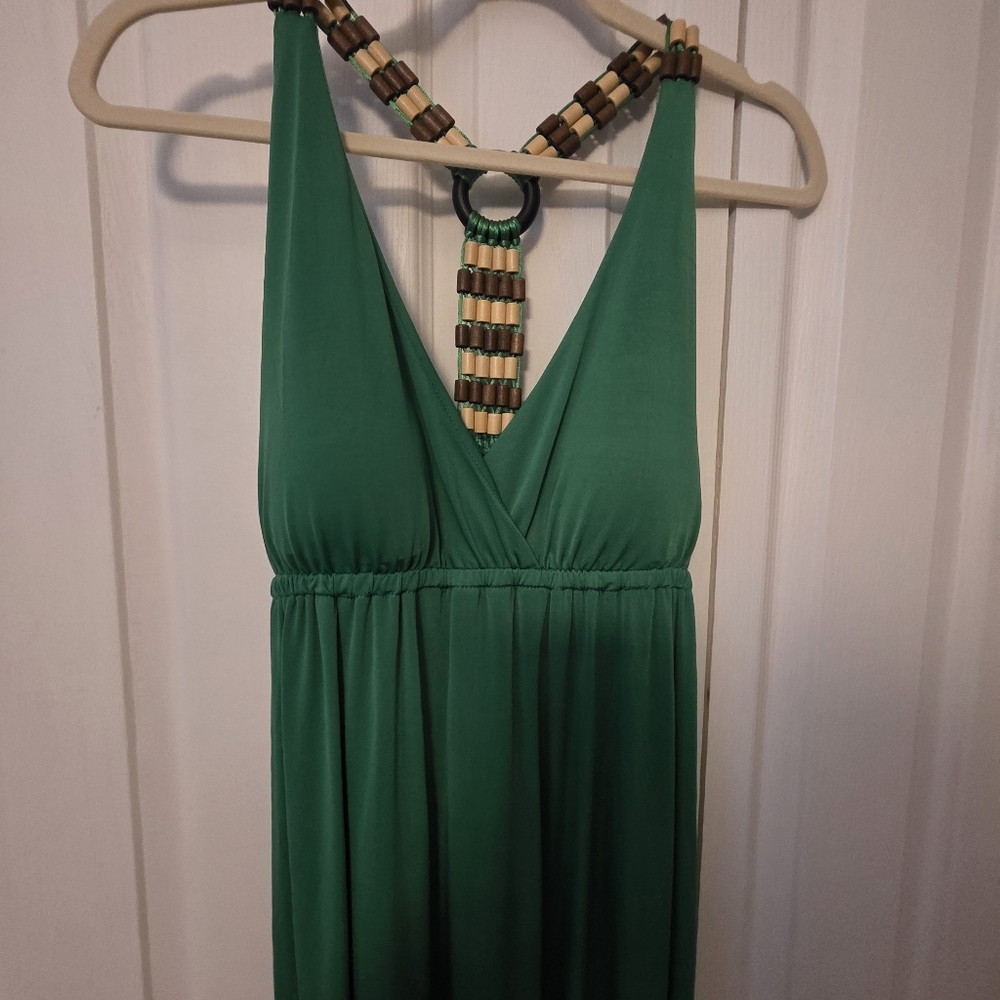 SUZY SHIER EUC boho beaded bright green halter maxi festival dress Sz XL
